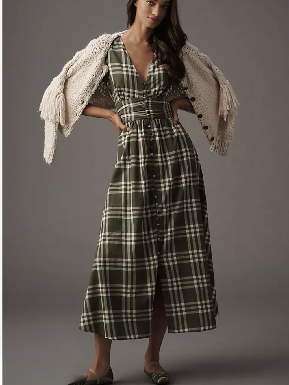 Anthropologie Katerina Button-Front Maxi Dress. Olive Plaid Button-Front